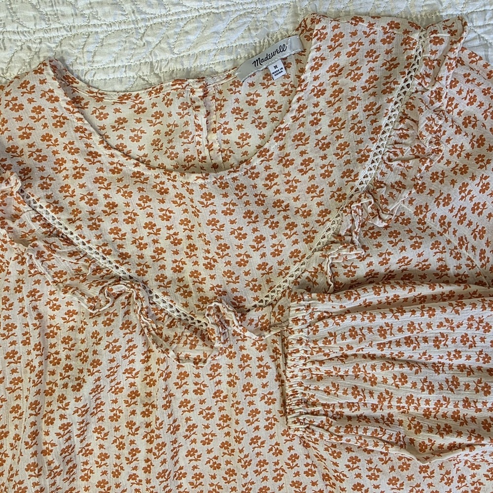 Madewell M Top Ruffle Yoke Prairie Flower Stamp Mulled Cider Peasant Cottagecore